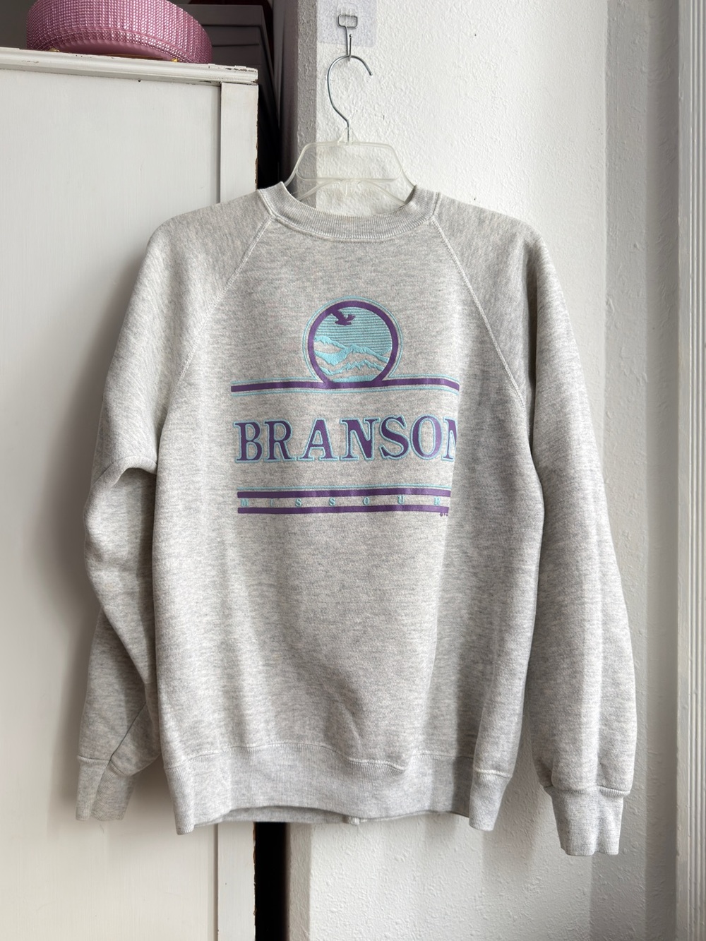 Vintage redone back zipper Branson Missouri Ozarks pastel puffy print sweatshirt